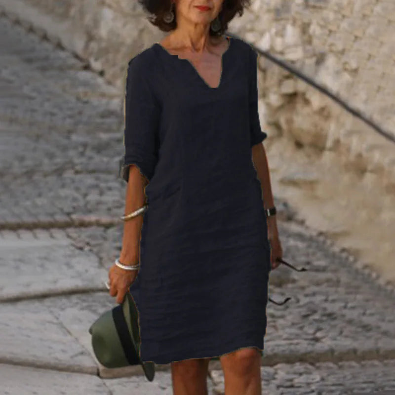 Vintage Women Solid Mini Dress Summer Fashion V-neck Three Quater Sleeve Cotton Linen Dress Ladies Casual