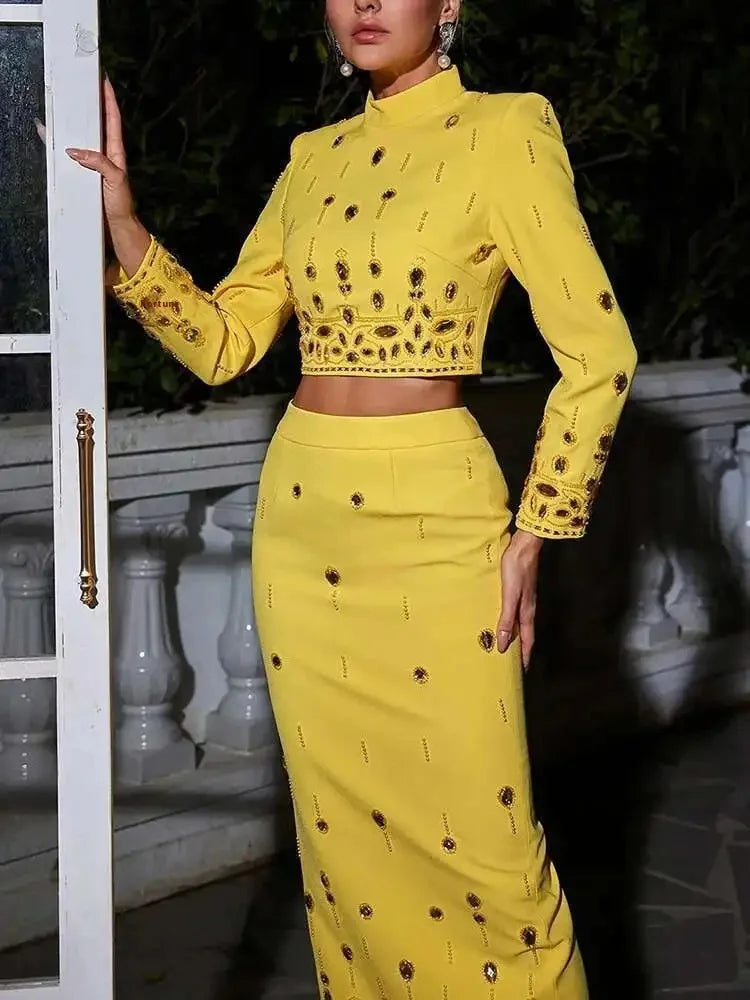TWOTWINSTYLE Women's New High Waist Line Skirt Set Solid Spliced Diamonds Two Piece Stand Collar Long Sleeve Tops Short