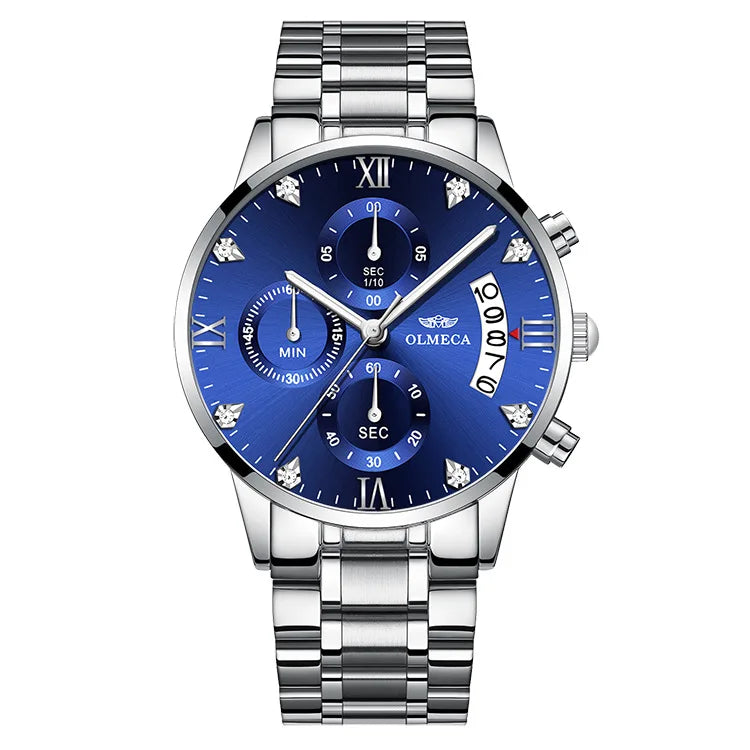 OLMECA 0878 New Design Gold Male Quartz Watch Designer Stainless Steel Band 3 Dials Chronometer Character Running Watch Set