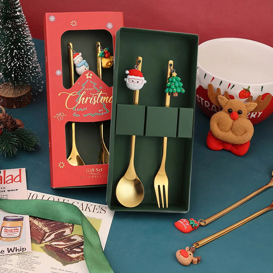 Christmas Tableware Santa Elk Doll Dessert Spoons Fork 2pcs Set One Gift Set Box