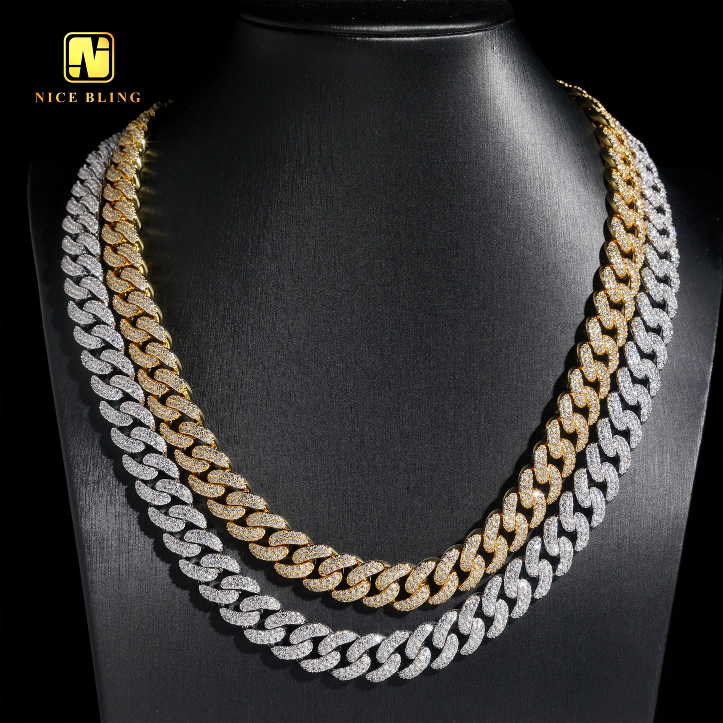 Wholesale Iced Out Hip Hop Necklace 2 Rows Round Shape 13mm Cuban Link Chains Gold Plated Brass 5a  CZ Diamond Necklace Bracelet