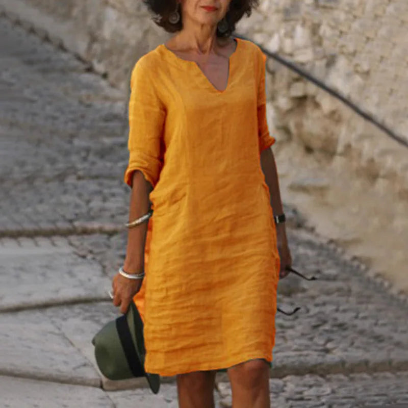 Vintage Women Solid Mini Dress Summer Fashion V-neck Three Quater Sleeve Cotton Linen Dress Ladies Casual