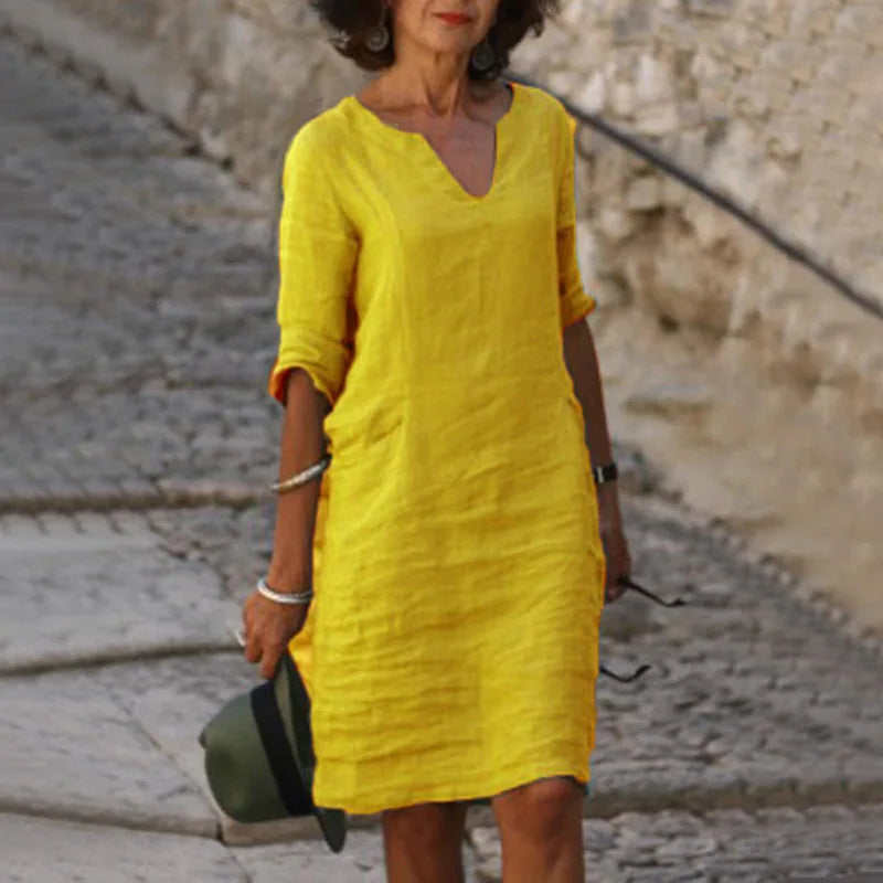 Vintage Women Solid Mini Dress Summer Fashion V-neck Three Quater Sleeve Cotton Linen Dress Ladies Casual