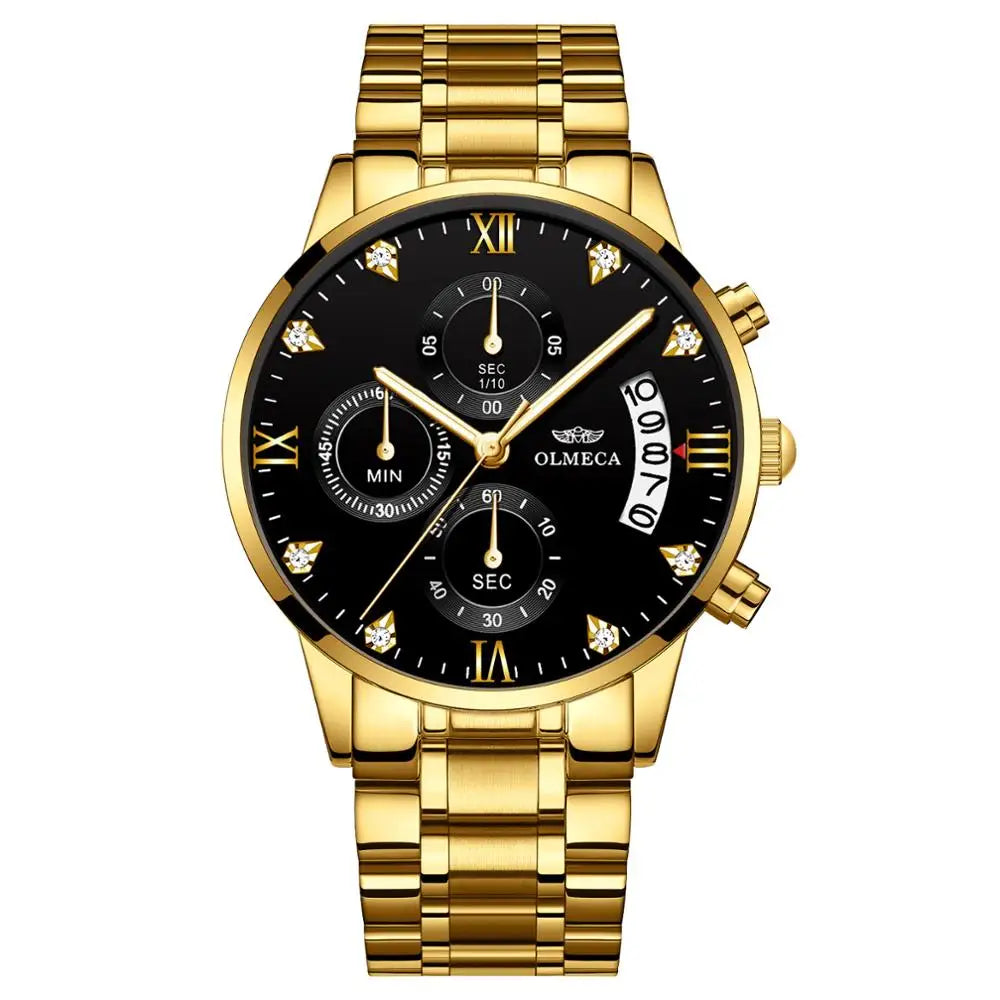 OLMECA 0878 New Design Gold Male Quartz Watch Designer Stainless Steel Band 3 Dials Chronometer Character Running Watch Set