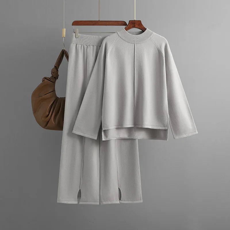 Knitted Wide Leg Pants Suit Women Fashion Sweaters Jumper Thin Casual Pants Woman Pullover Sweater