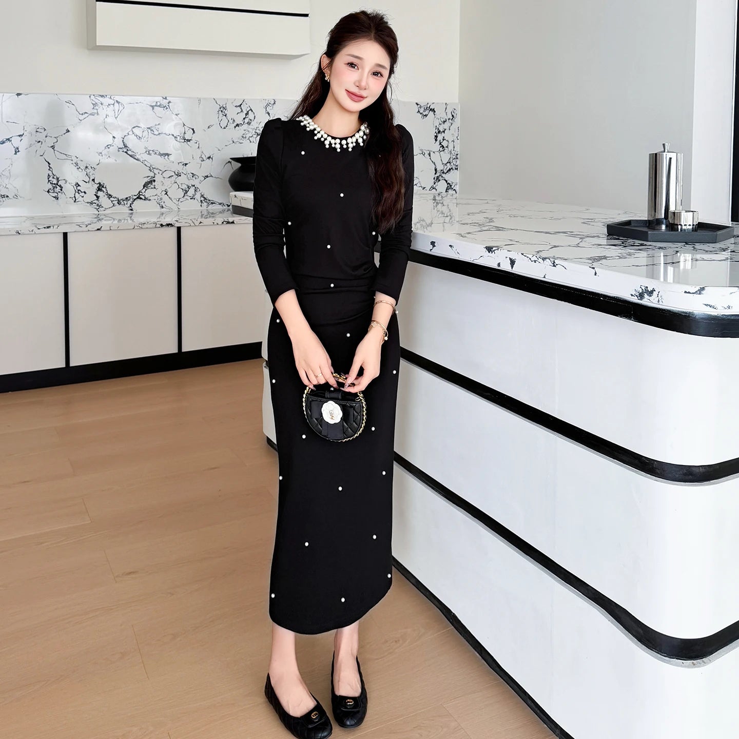 Plus Size Fall Elegant O-Neck Slim Pleated Maxi Dress for Women Beaded Dress