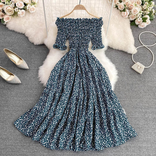 Summer New Off-shoulder Shoulder-baring Chiffon Dress Waist Slimming High Waist A-line Elegant Floral Swing Long Dress Wholesale