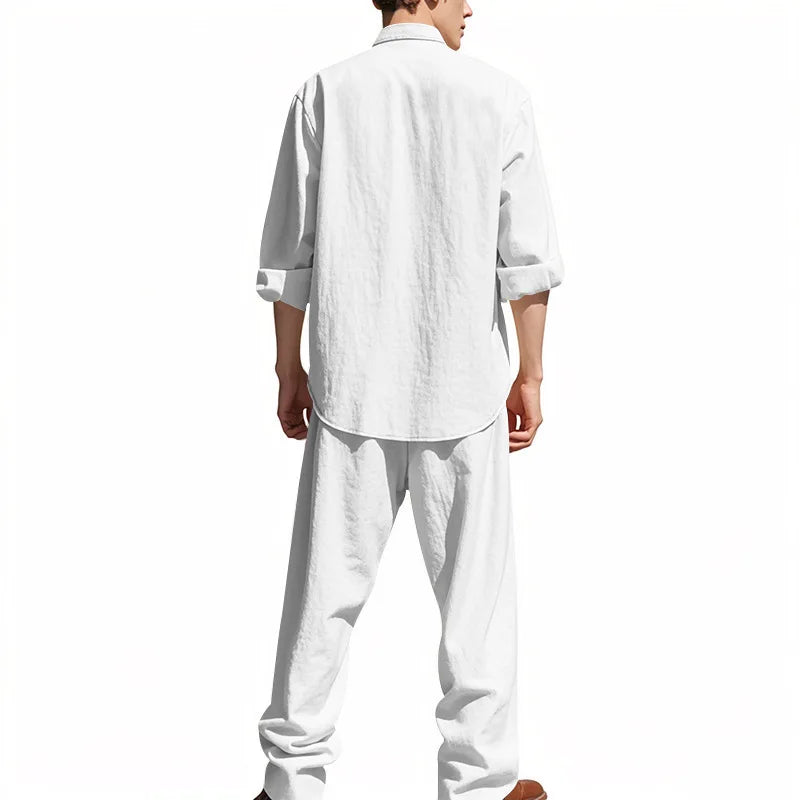 2025 Solid Color Linen Men's Casual Suit Loose Long Sleeve Trousers Shirt Suit Men