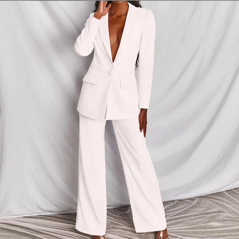 2025 European American Fashion Women's Elegant Blazer Suit Set Cross-Border Spring Autumn Slim Lapel Cardigan Button Decoration
