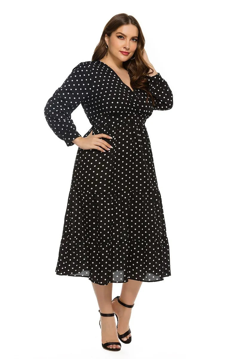 Women Casual Loose Dot Printing Pleated Midi Dress Long Sleeve Dresses Ruched Front Tie Swing Elegant Dress