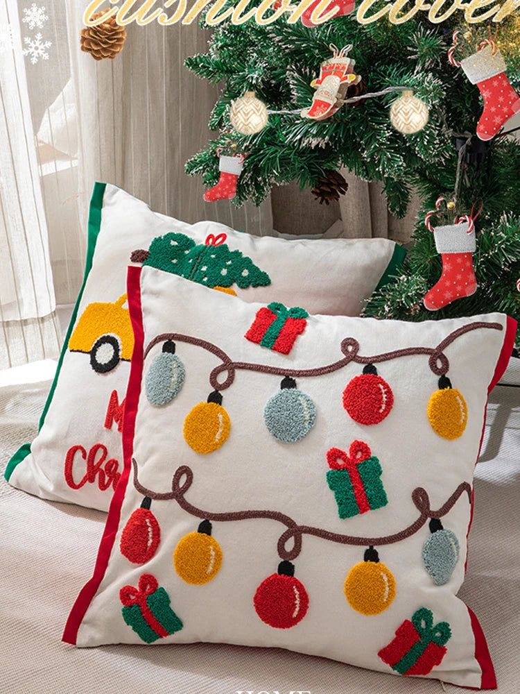Christmas Decoration Cushion Cover Santa Snowflake Pillow Case Cotton Square Embroidery Pillow Cover 45x45cm