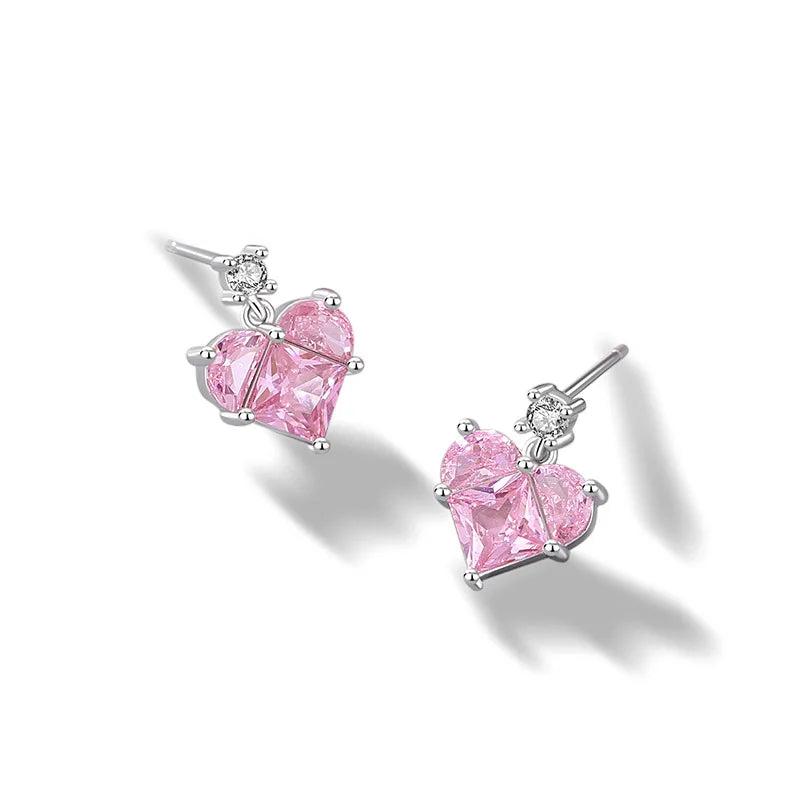 Fine Luxury 925 Sterling Silver Female Ins Wind Heart- Shaped Zircon Necklace Set Pink Diamond Trendy Style for Weddings Parties