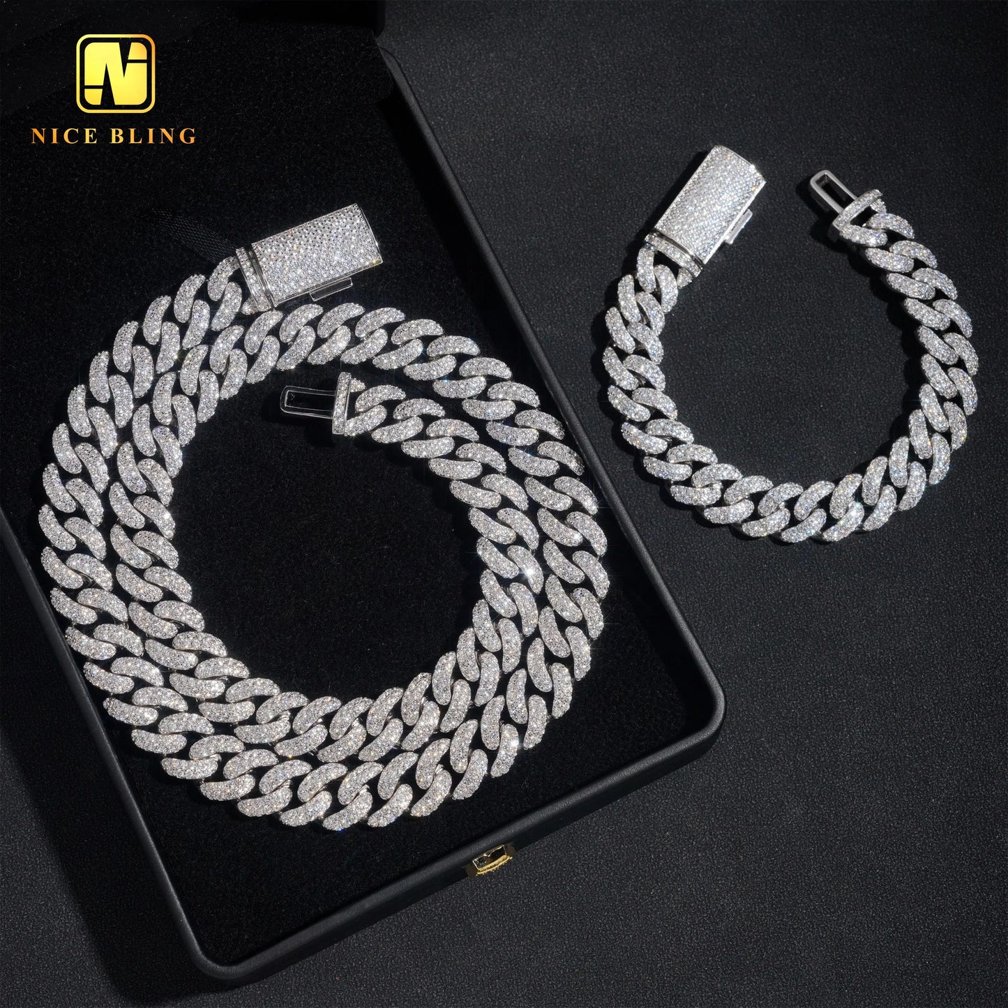 Wholesale Iced Out Hip Hop Necklace 2 Rows Round Shape 13mm Cuban Link Chains Gold Plated Brass 5a  CZ Diamond Necklace Bracelet