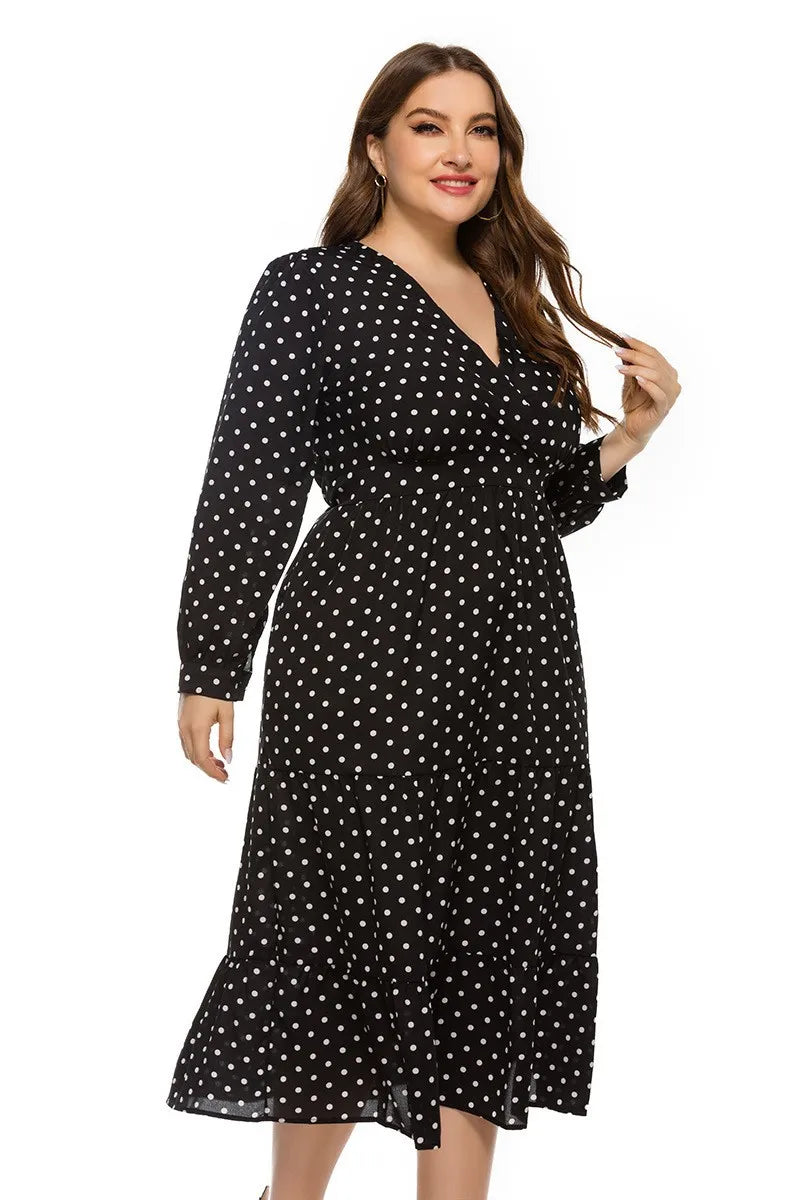 Women Casual Loose Dot Printing Pleated Midi Dress Long Sleeve Dresses Ruched Front Tie Swing Elegant Dress