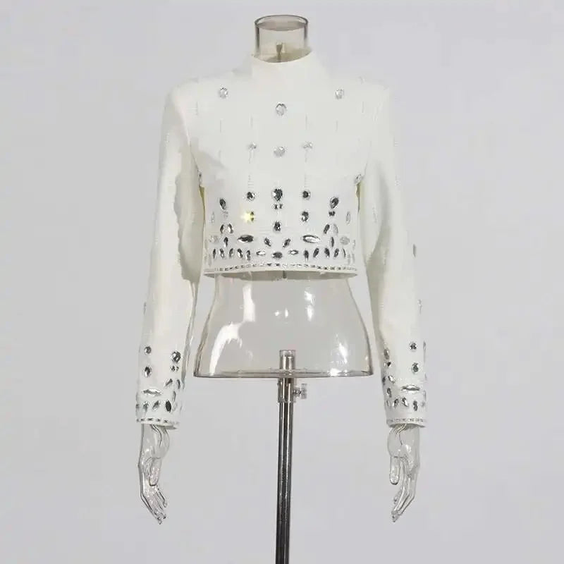 TWOTWINSTYLE Women's New High Waist Line Skirt Set Solid Spliced Diamonds Two Piece Stand Collar Long Sleeve Tops Short