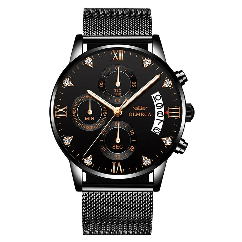OLMECA 0878 New Design Gold Male Quartz Watch Designer Stainless Steel Band 3 Dials Chronometer Character Running Watch Set