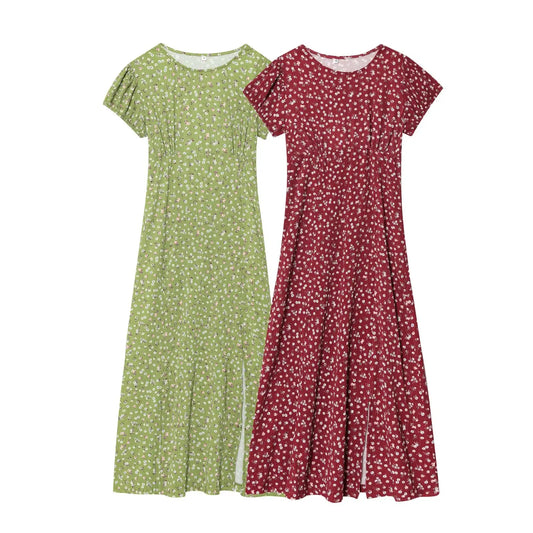 Women 2025 Autumn New Fashion Side Split Bubble Short Sleeve Straight Tube Dress Vintage Casual Female Dresses