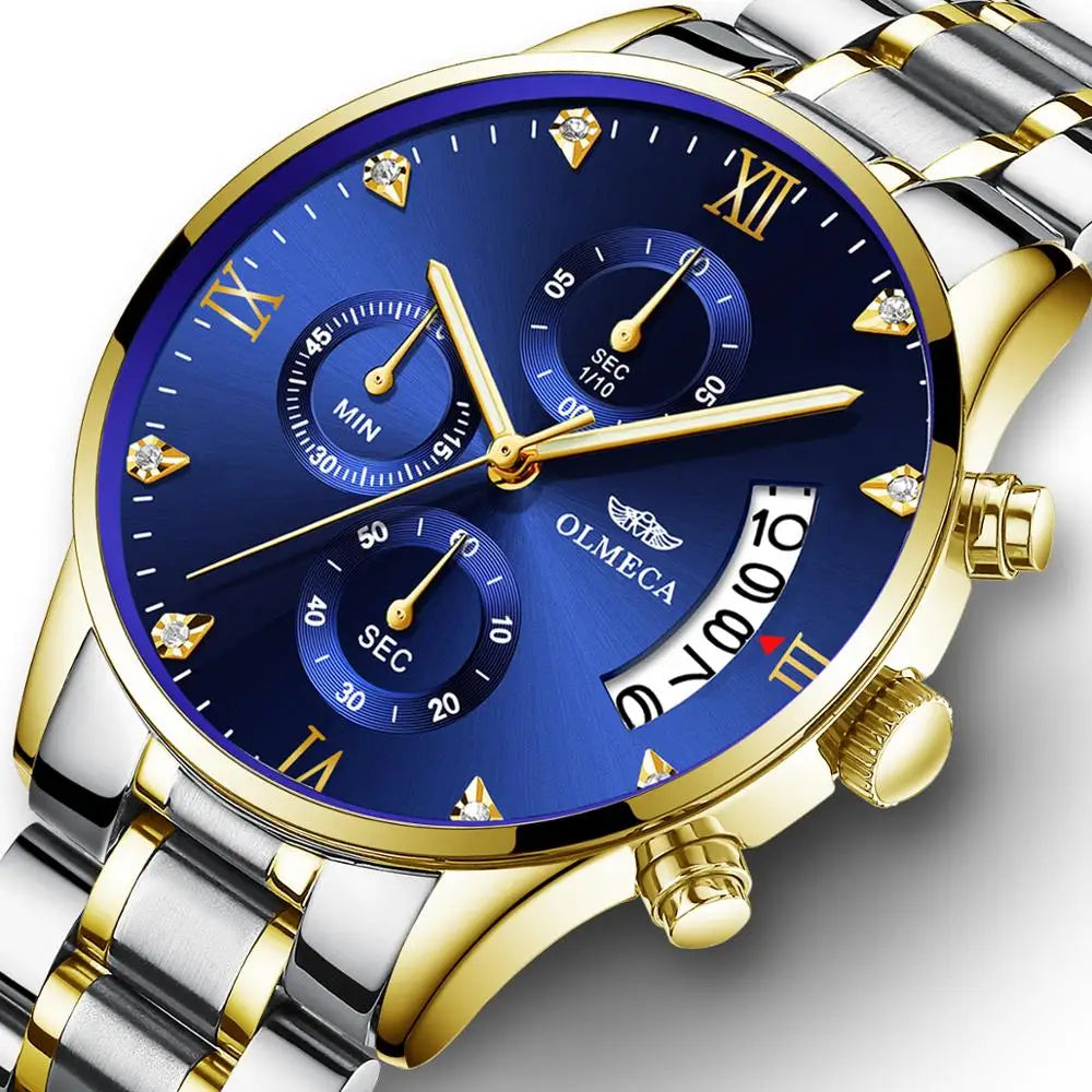 OLMECA 0878 New Design Gold Male Quartz Watch Designer Stainless Steel Band 3 Dials Chronometer Character Running Watch Set