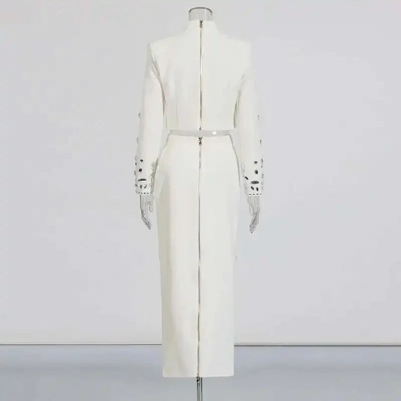 TWOTWINSTYLE Women's New High Waist Line Skirt Set Solid Spliced Diamonds Two Piece Stand Collar Long Sleeve Tops Short