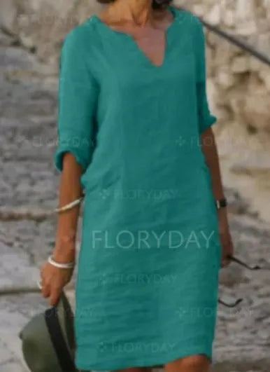 Vintage Women Solid Mini Dress Summer Fashion V-neck Three Quater Sleeve Cotton Linen Dress Ladies Casual