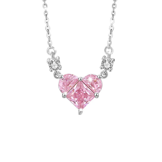 Fine Luxury 925 Sterling Silver Female Ins Wind Heart- Shaped Zircon Necklace Set Pink Diamond Trendy Style for Weddings Parties