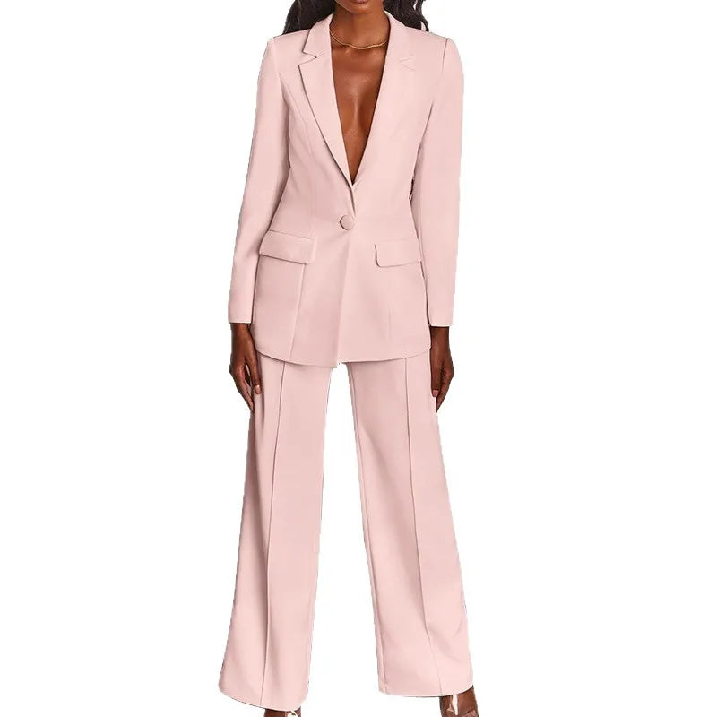 2025 European American Fashion Women's Elegant Blazer Suit Set Cross-Border Spring Autumn Slim Lapel Cardigan Button Decoration