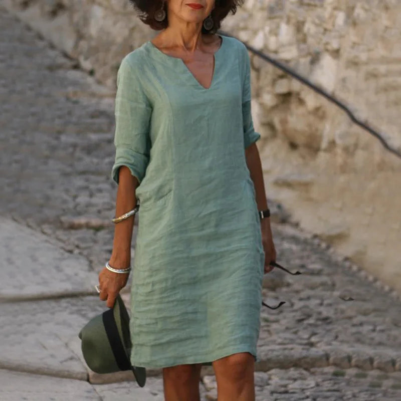 Vintage Women Solid Mini Dress Summer Fashion V-neck Three Quater Sleeve Cotton Linen Dress Ladies Casual