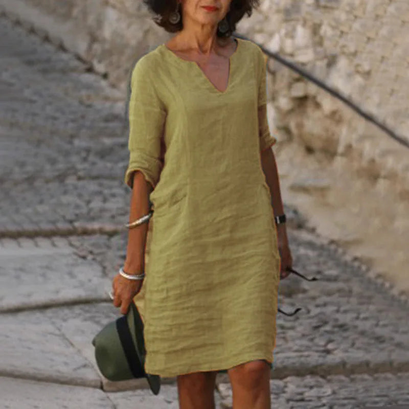 Vintage Women Solid Mini Dress Summer Fashion V-neck Three Quater Sleeve Cotton Linen Dress Ladies Casual
