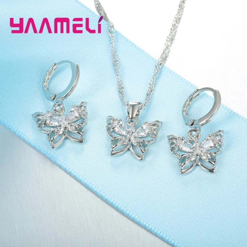New Fashion 925 Sterling Silver Color Jewelry Sets Shining Austrian Crystal Inlaid Butterfly Wedding Pendant Necklace Earrings