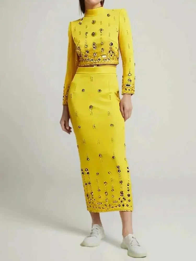 TWOTWINSTYLE Women's New High Waist Line Skirt Set Solid Spliced Diamonds Two Piece Stand Collar Long Sleeve Tops Short