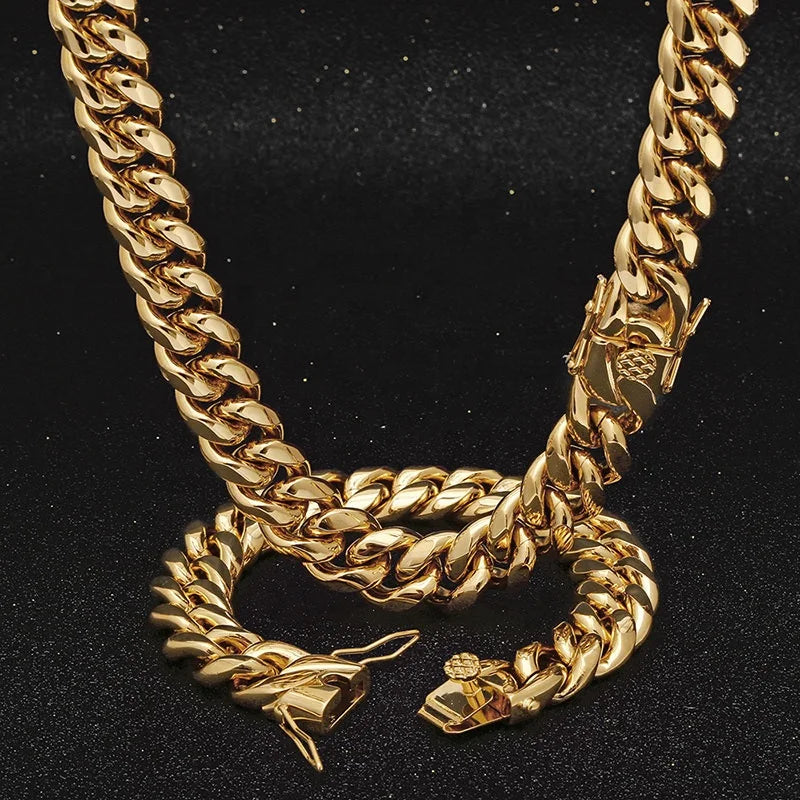 NUOYA High Quality Stainless Steel Cuban Link Chain 18K Gold Plated Miami Cuban Link Chain Necklace Men's Hip Hop Jewelry