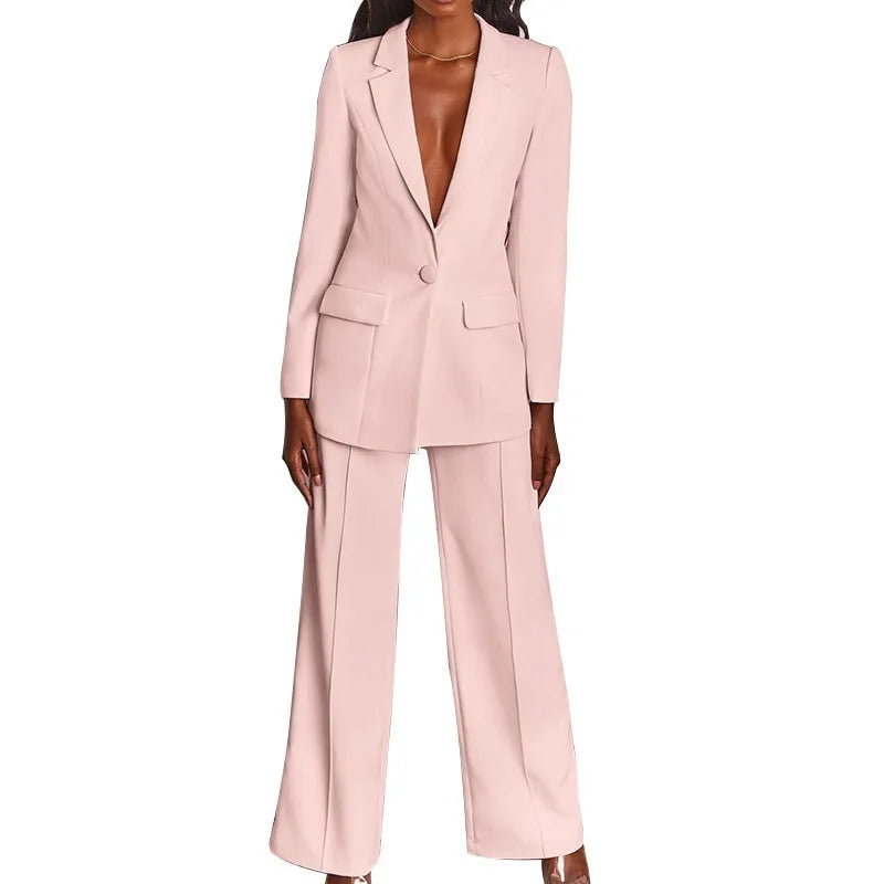 2025 European American Fashion Women's Elegant Blazer Suit Set Cross-Border Spring Autumn Slim Lapel Cardigan Button Decoration