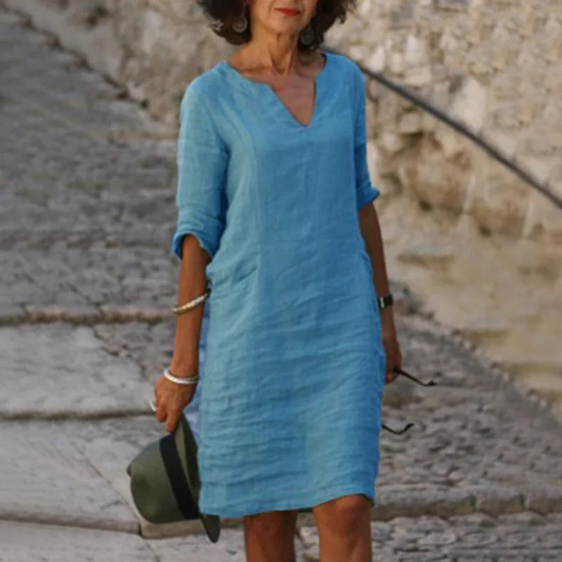Vintage Women Solid Mini Dress Summer Fashion V-neck Three Quater Sleeve Cotton Linen Dress Ladies Casual