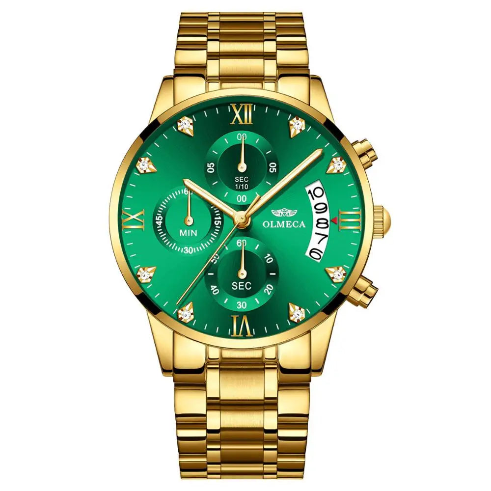 OLMECA 0878 New Design Gold Male Quartz Watch Designer Stainless Steel Band 3 Dials Chronometer Character Running Watch Set