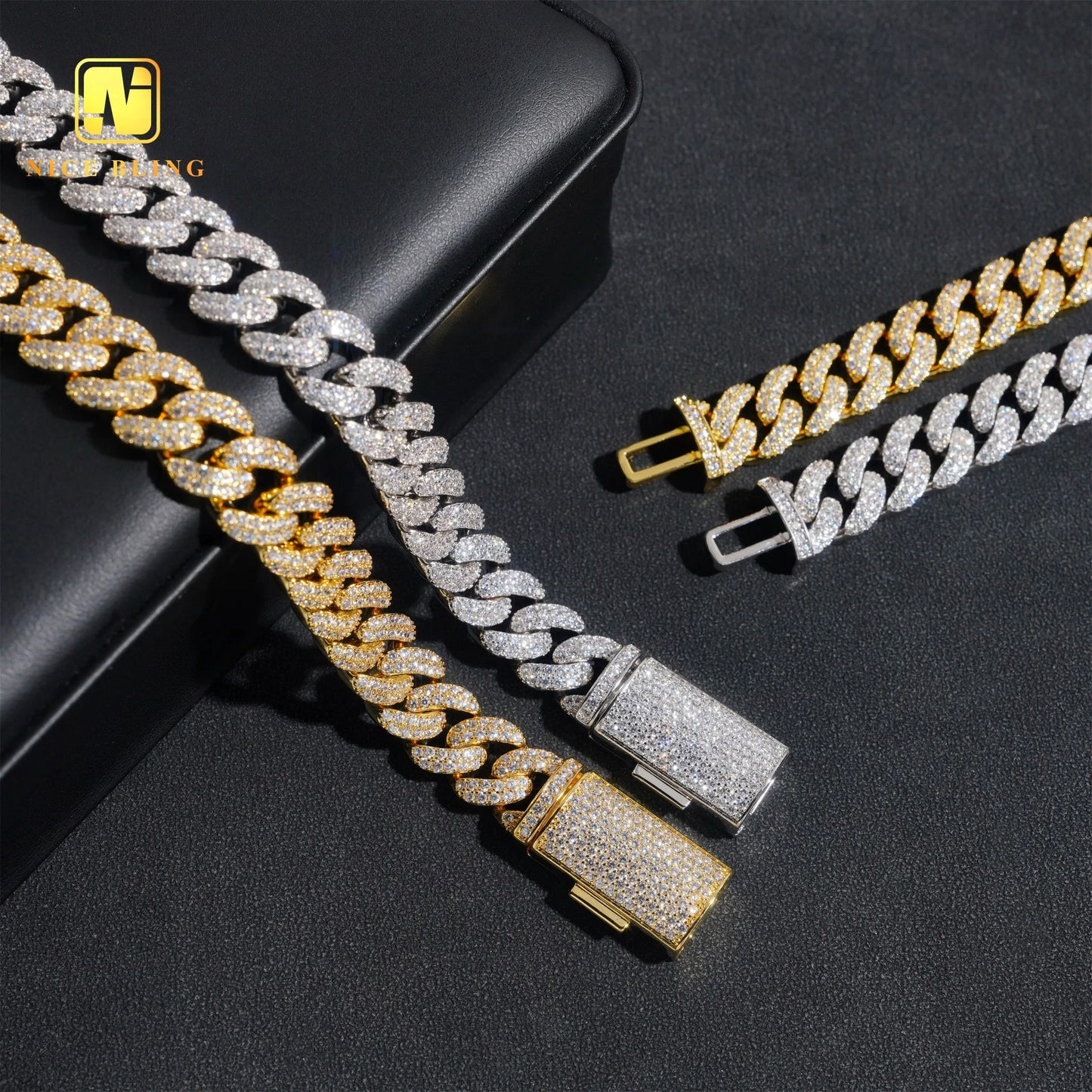 Wholesale Iced Out Hip Hop Necklace 2 Rows Round Shape 13mm Cuban Link Chains Gold Plated Brass 5a  CZ Diamond Necklace Bracelet