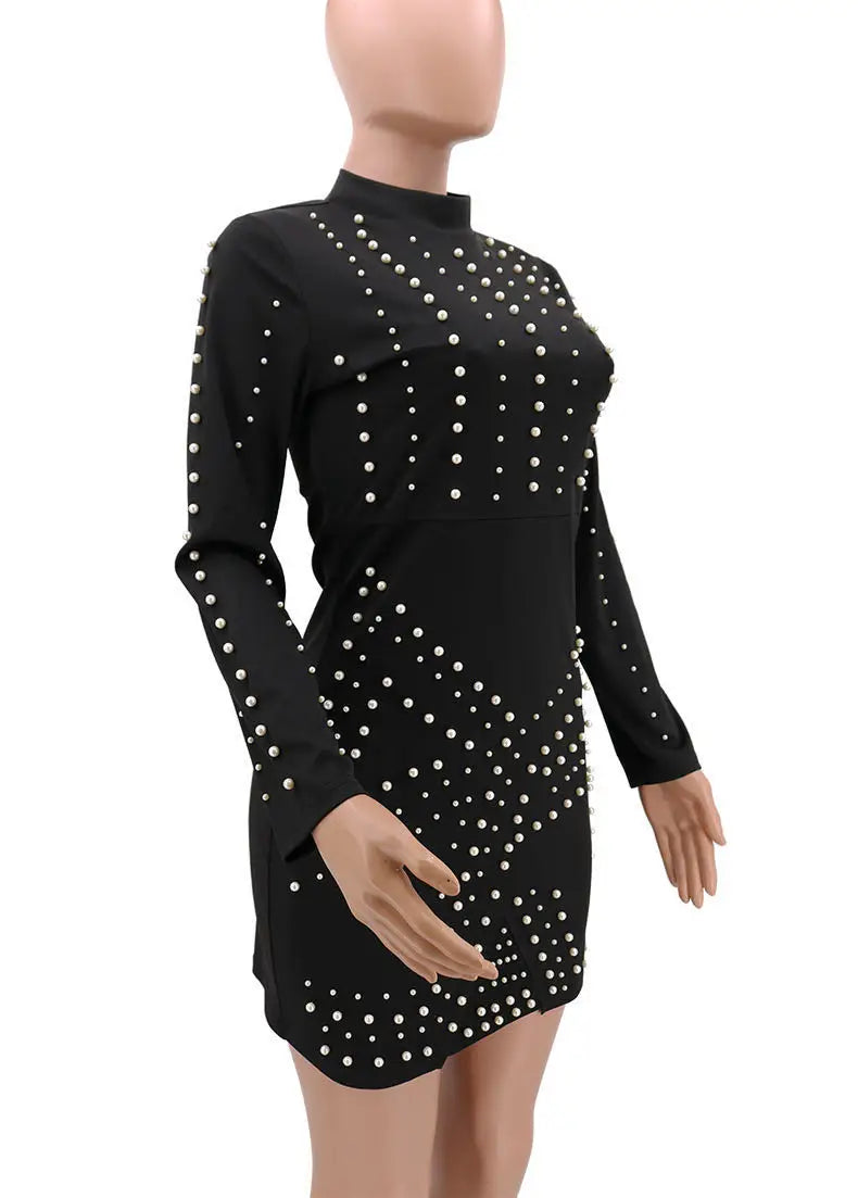 2022 New Fashion Mature Women Bandage Dress Wholesale Pearls Beading Long Sleeve Casual Dress