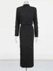 TWOTWINSTYLE Women's New High Waist Line Skirt Set Solid Spliced Diamonds Two Piece Stand Collar Long Sleeve Tops Short
