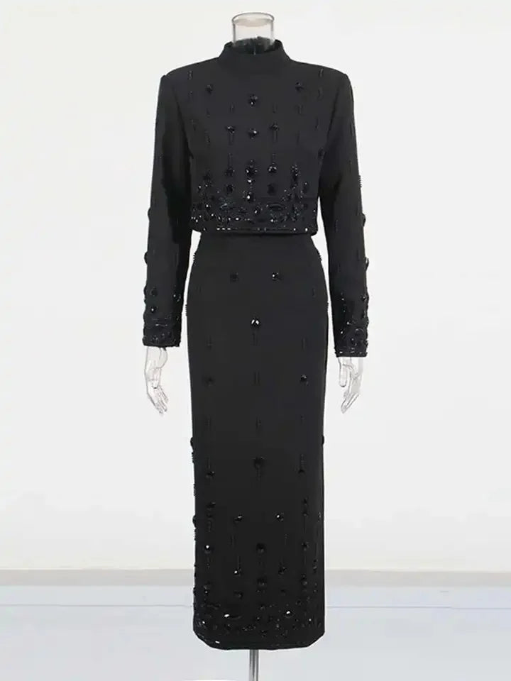 TWOTWINSTYLE Women's New High Waist Line Skirt Set Solid Spliced Diamonds Two Piece Stand Collar Long Sleeve Tops Short