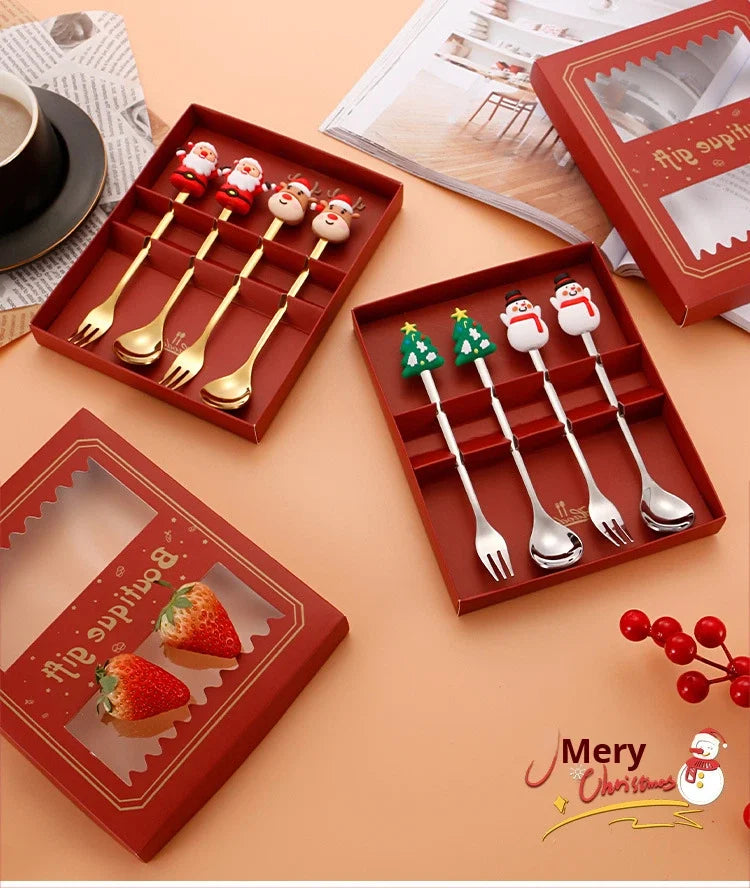 Christmas Tableware Santa Elk Doll Dessert Spoons Fork 2pcs Set One Gift Set Box