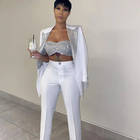 3 Pcs Women Blazer Suits Customized Bridesmaid Dress Long Sleeve Glitter Party Gowns Ladies Jacket Pants