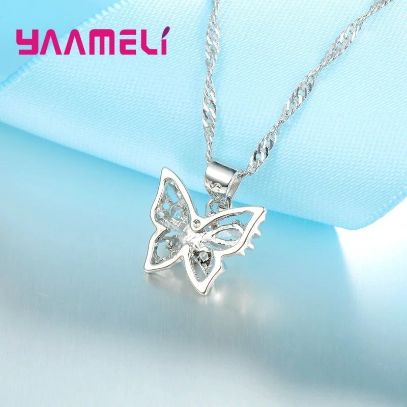 New Fashion 925 Sterling Silver Color Jewelry Sets Shining Austrian Crystal Inlaid Butterfly Wedding Pendant Necklace Earrings