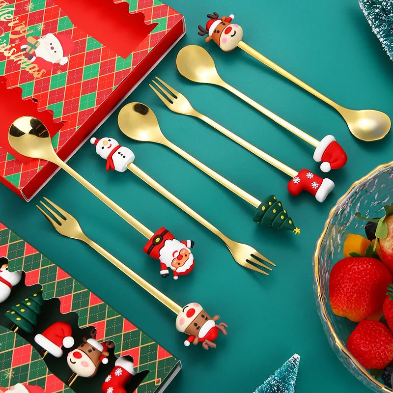 Christmas Tableware Santa Elk Doll Dessert Spoons Fork 2pcs Set One Gift Set Box
