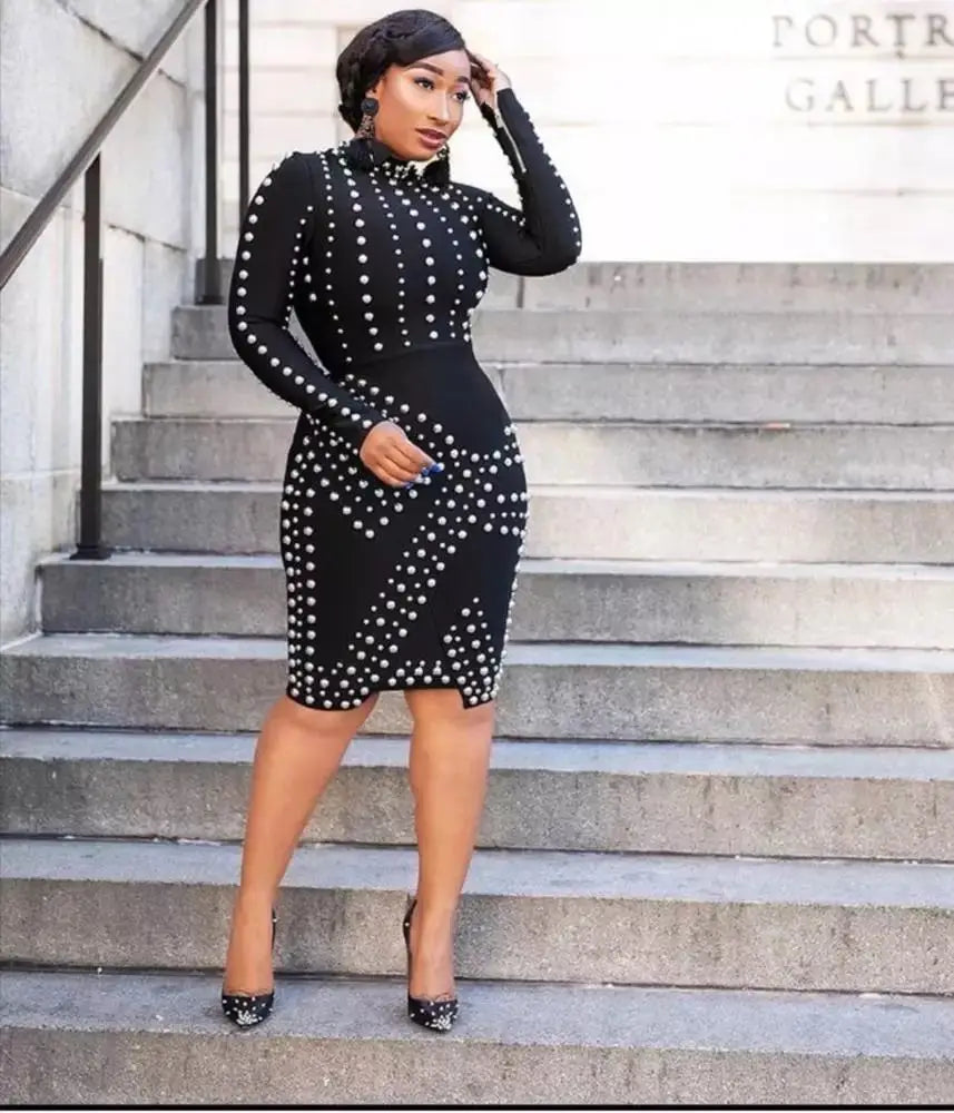 2022 New Fashion Mature Women Bandage Dress Wholesale Pearls Beading Long Sleeve Casual Dress