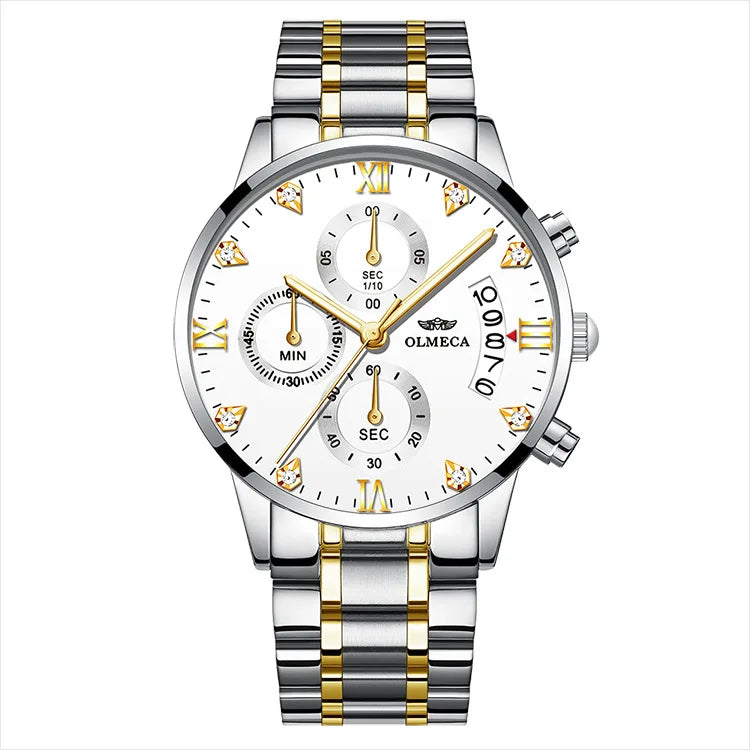 OLMECA 0878 New Design Gold Male Quartz Watch Designer Stainless Steel Band 3 Dials Chronometer Character Running Watch Set