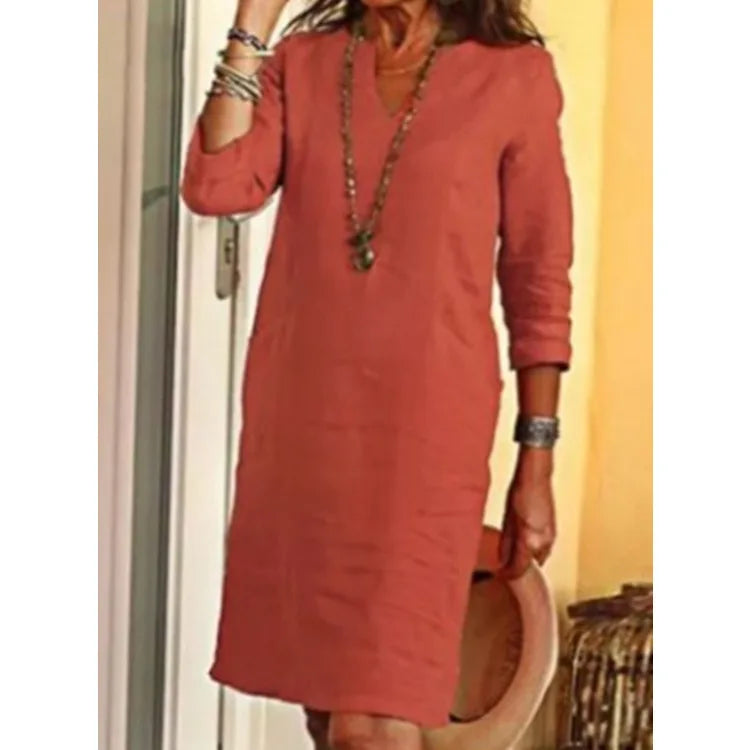 Vintage Women Solid Mini Dress Summer Fashion V-neck Three Quater Sleeve Cotton Linen Dress Ladies Casual