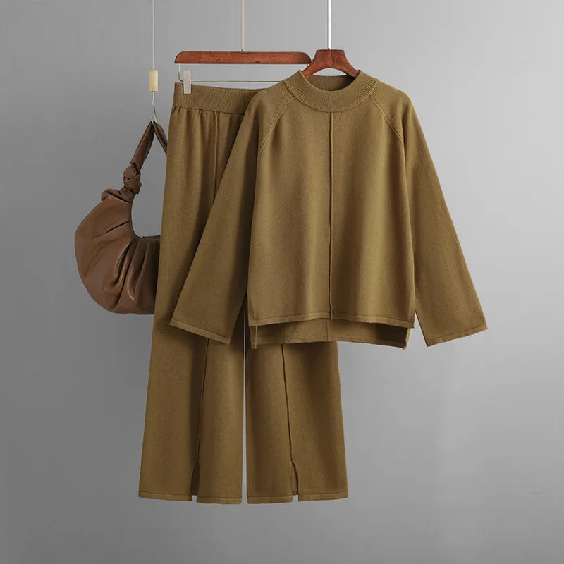 Knitted Wide Leg Pants Suit Women Fashion Sweaters Jumper Thin Casual Pants Woman Pullover Sweater