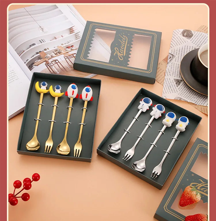 Christmas Tableware Santa Elk Doll Dessert Spoons Fork 2pcs Set One Gift Set Box