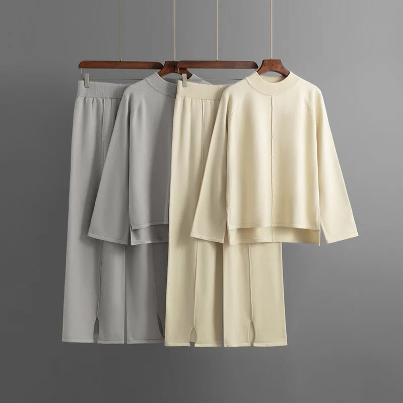 Knitted Wide Leg Pants Suit Women Fashion Sweaters Jumper Thin Casual Pants Woman Pullover Sweater