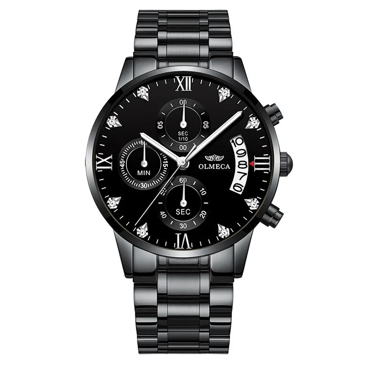 OLMECA 0878 New Design Gold Male Quartz Watch Designer Stainless Steel Band 3 Dials Chronometer Character Running Watch Set