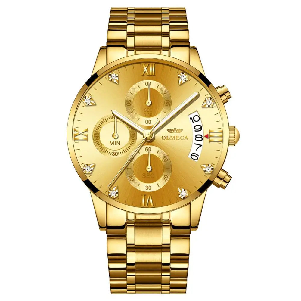 OLMECA 0878 New Design Gold Male Quartz Watch Designer Stainless Steel Band 3 Dials Chronometer Character Running Watch Set